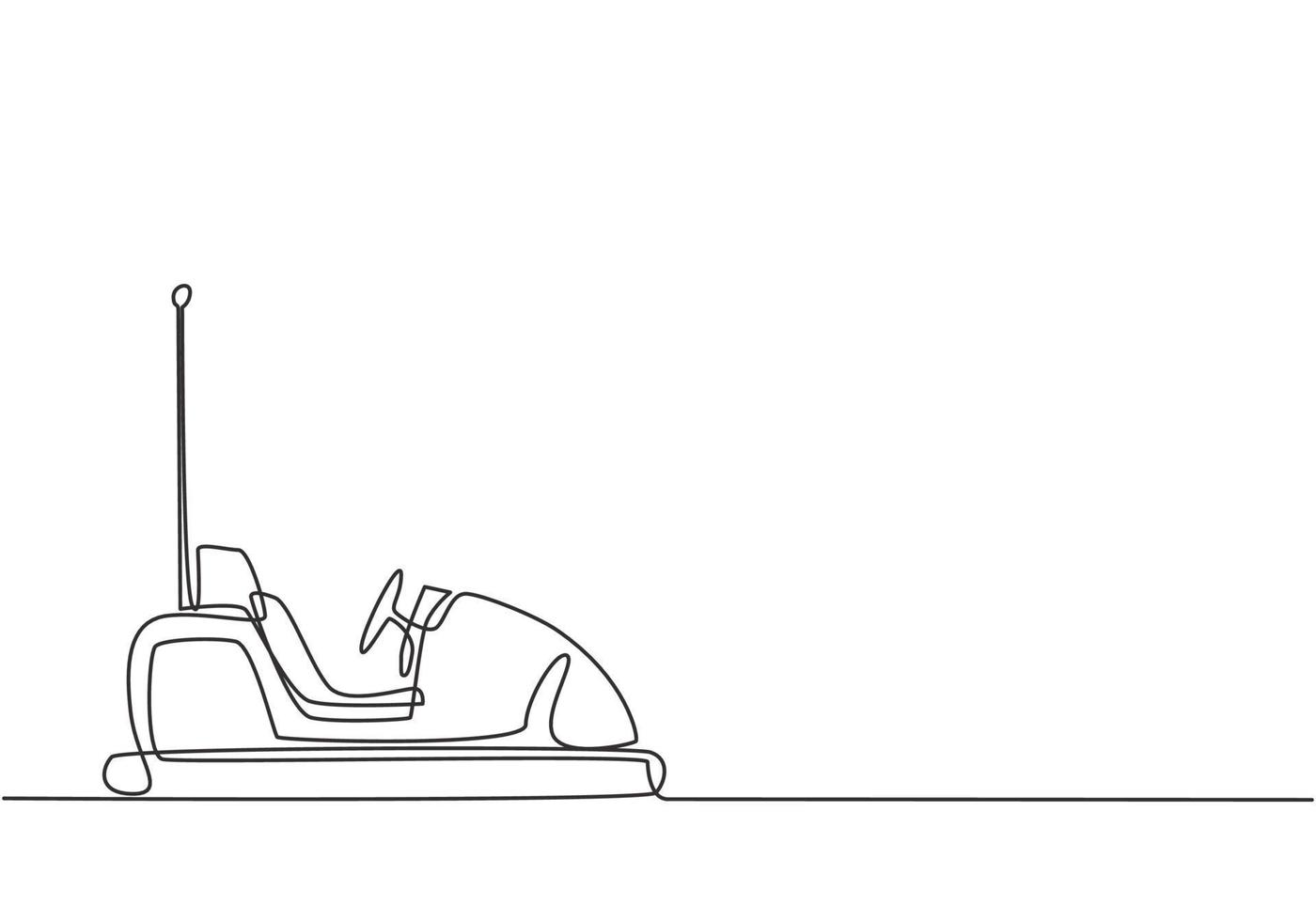 Single continuous line drawing electric dodgem car in amusement park arena with one antenna. Playing bumper car is a lot of fun for kids. Dynamic one line draw graphic design vector illustration.