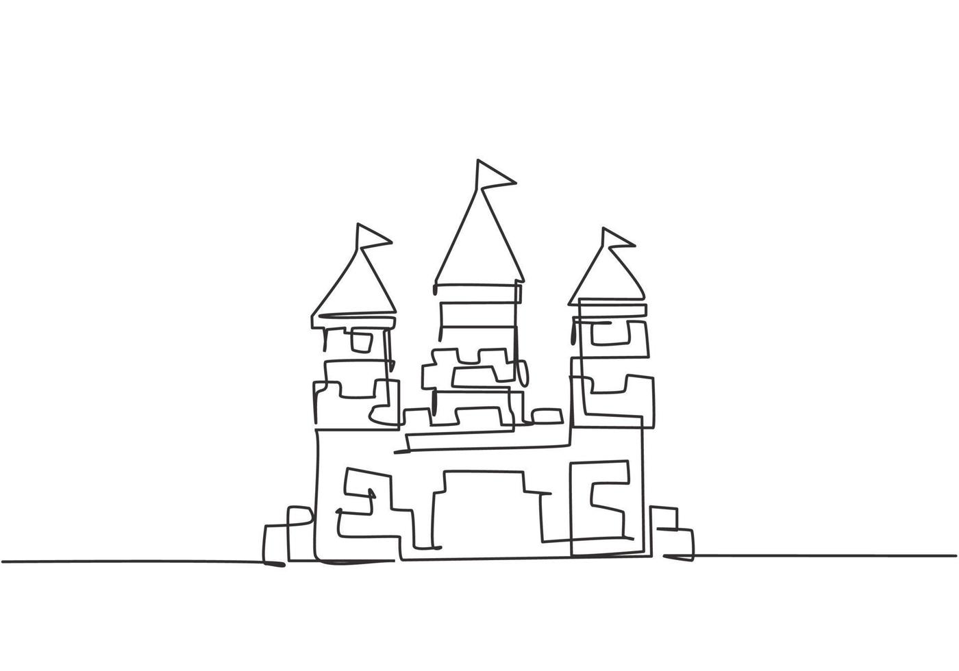 Single continuous line drawing a castle in an amusement park with three towers and a flag on each roof. Fort building that tells of life in a kingdom. One line draw graphic design vector illustration