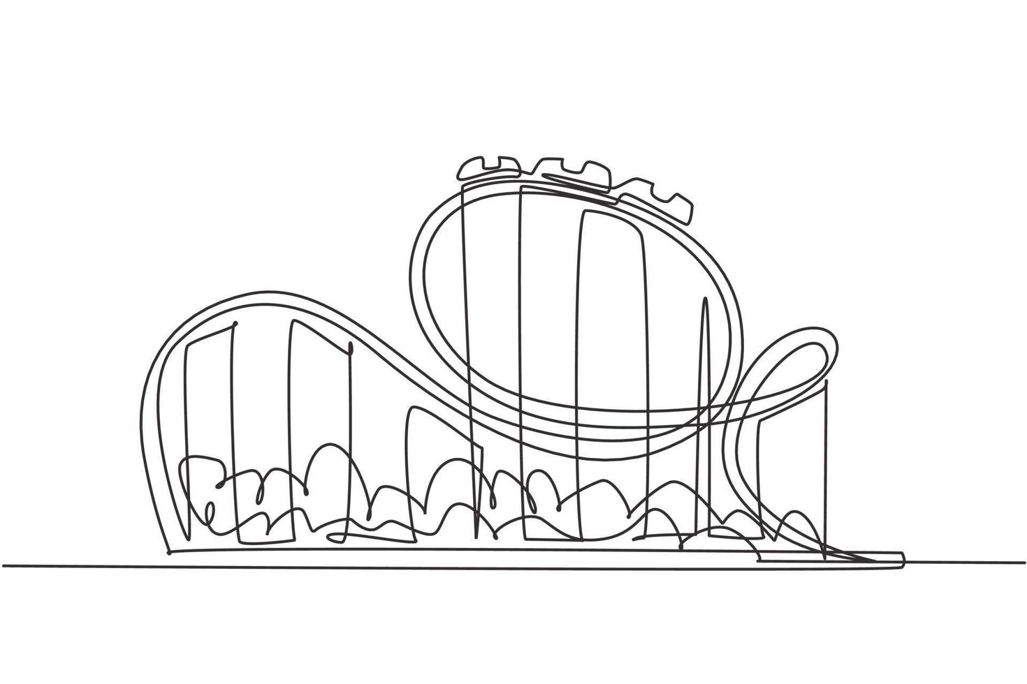 dibujo de una sola línea de una montaña rusa en un parque de atracciones con una pista en lo alto del cielo. paseos extremos que son muy populares entre los jóvenes. gráfico de diseño de dibujo de una línea, ilustración vectorial vector