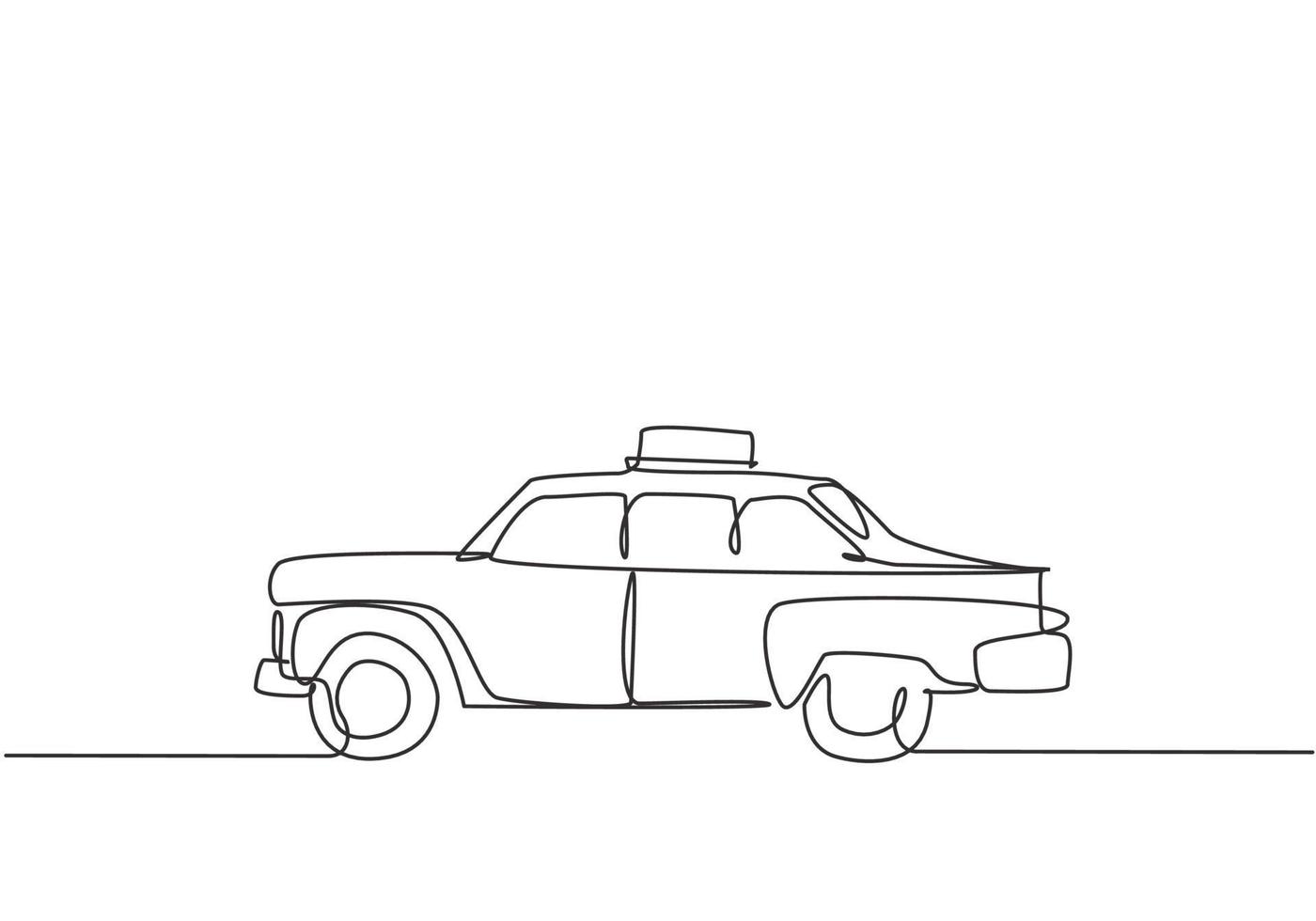 Continuous one line drawing old taxi cars that are still operating serve passengers to get around to historical places. Vintage holiday facilities. Single line draw design vector graphic illustration.