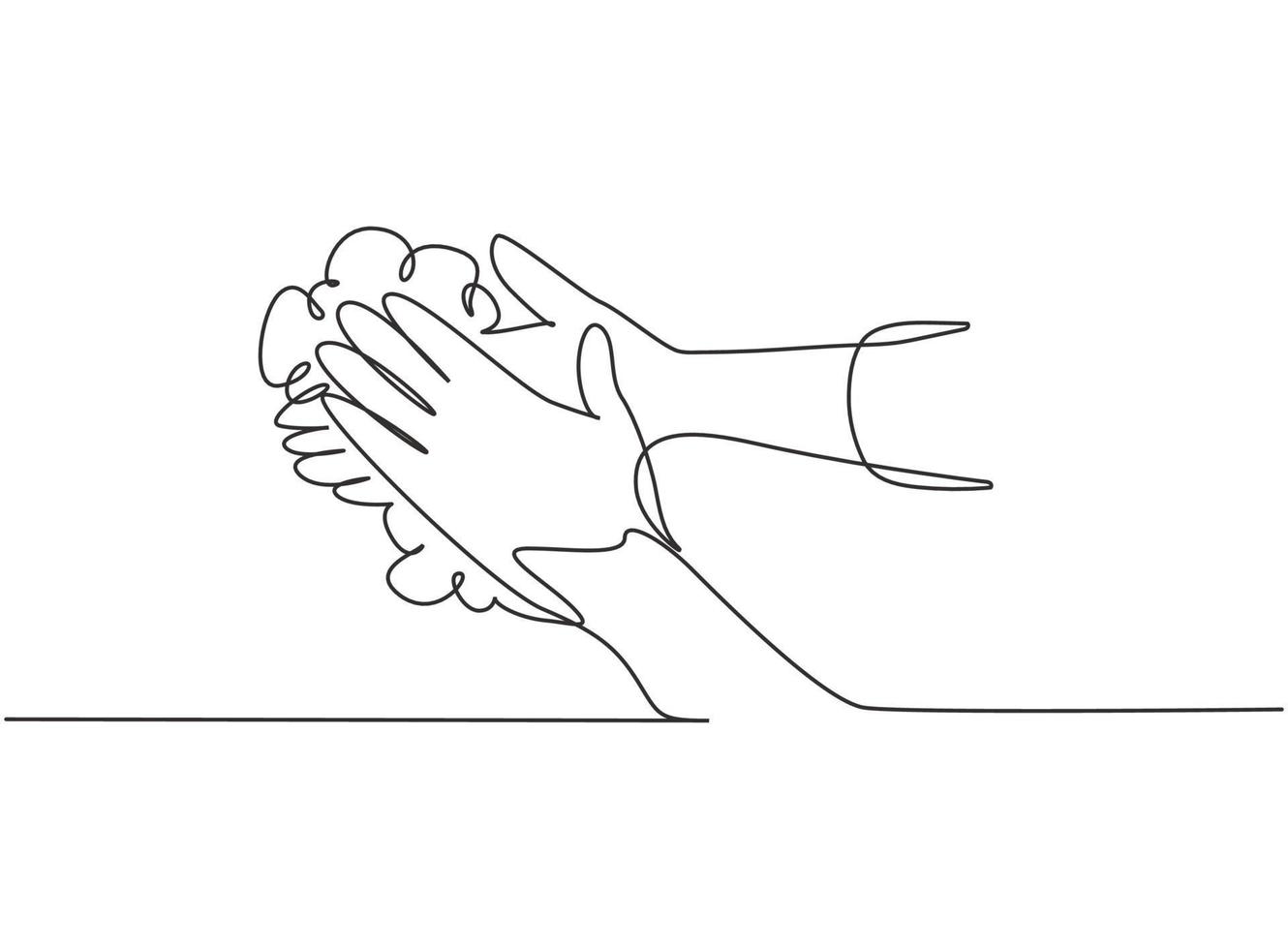 dibujo continuo de una línea doce pasos lavarse las manos frotando las palmas de las manos con agua corriente y jabón. Prevención temprana contra el virus corona. Ilustración gráfica de vector de diseño de dibujo de una sola línea.