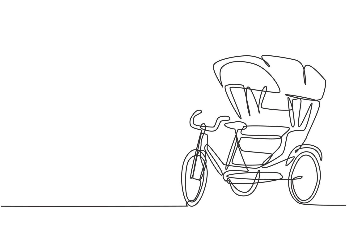 El dibujo de una sola línea del rickshaw de tres ruedas y un asiento del pasajero trasero es un vehículo antiguo en varios países asiáticos. Ilustración de vector gráfico de diseño de dibujo de línea continua moderna.