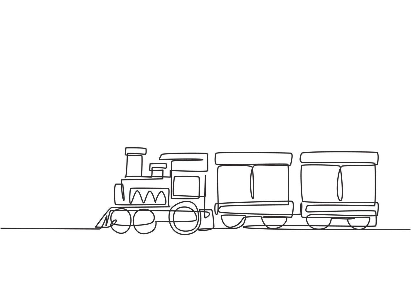 Single one line drawing of a train locomotive with two carriages in the form of a roving steam system in amusement park to transport passengers. Continuous line draw design graphic vector illustration