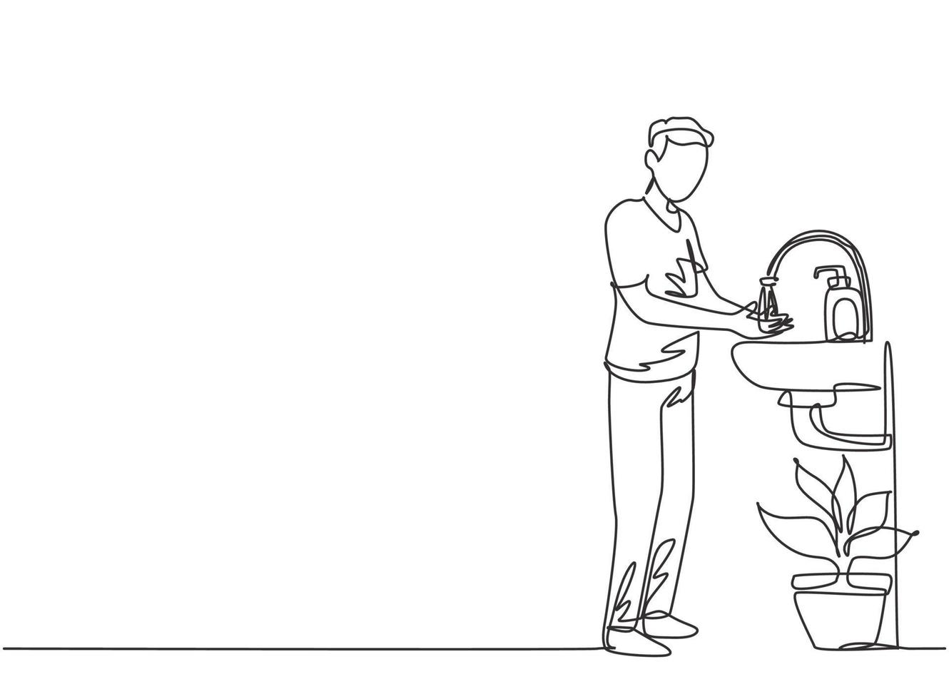 Single continuous line drawing a man washes his hands in the sink, there is a soap dispenser by the faucet and there is a pot of plants under the sink. One line draw graphic design vector illustration