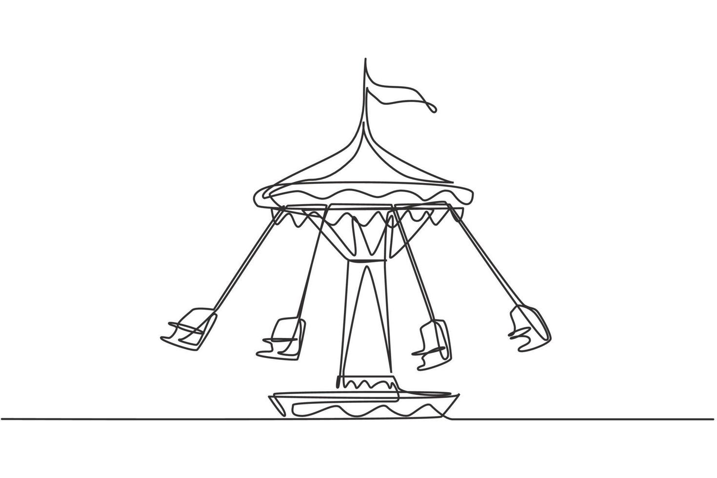 Continuous one line drawing wave swinger in the amusement park with four seats and a flag above. The passengers can swing around in the sky. Single line drawing design, vector graphic illustration.