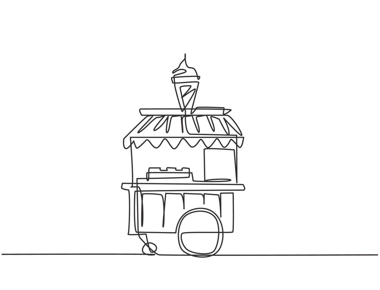 Single one line drawing of ice cream booth at amusement park using a two-wheeled cart with an ice cream logo. Sweet and very tasty food concept. Continuous line draw design graphic vector illustration