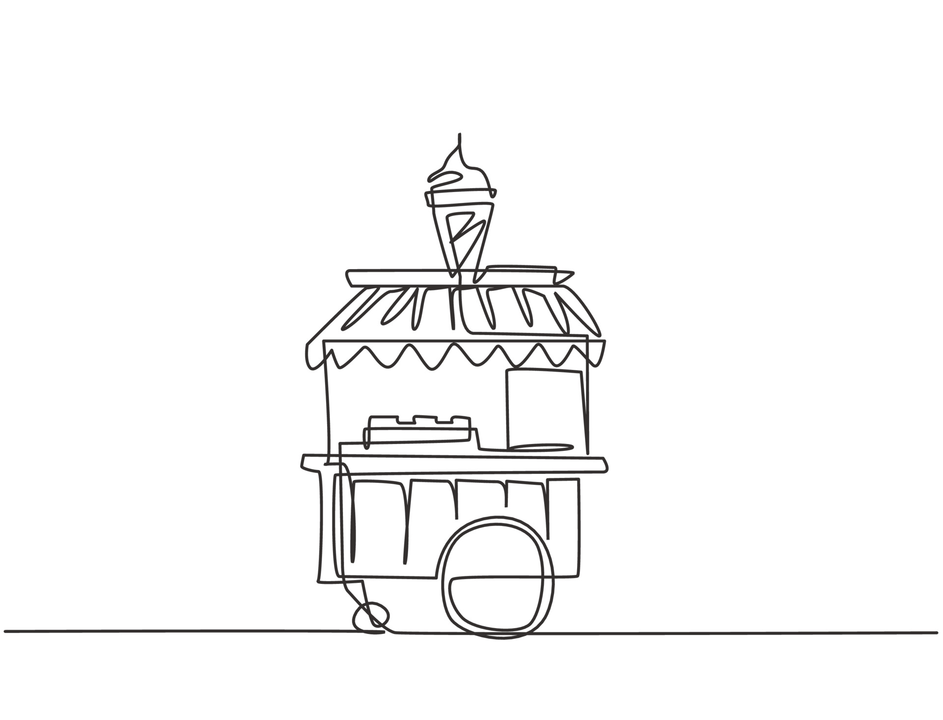 Single one line drawing of ice cream booth at amusement park using a