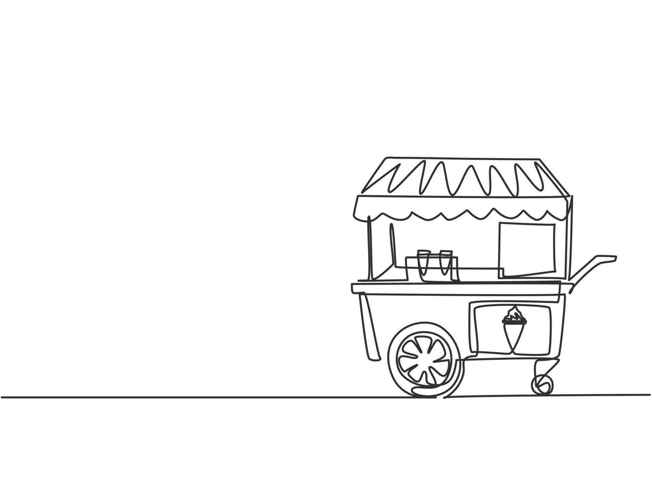 Continuous one line drawing of an ice cream booth at an amusement park using a two-wheeled cart. Delicious and yummy summertime dessert concept. Single line draw design vector graphic illustration.