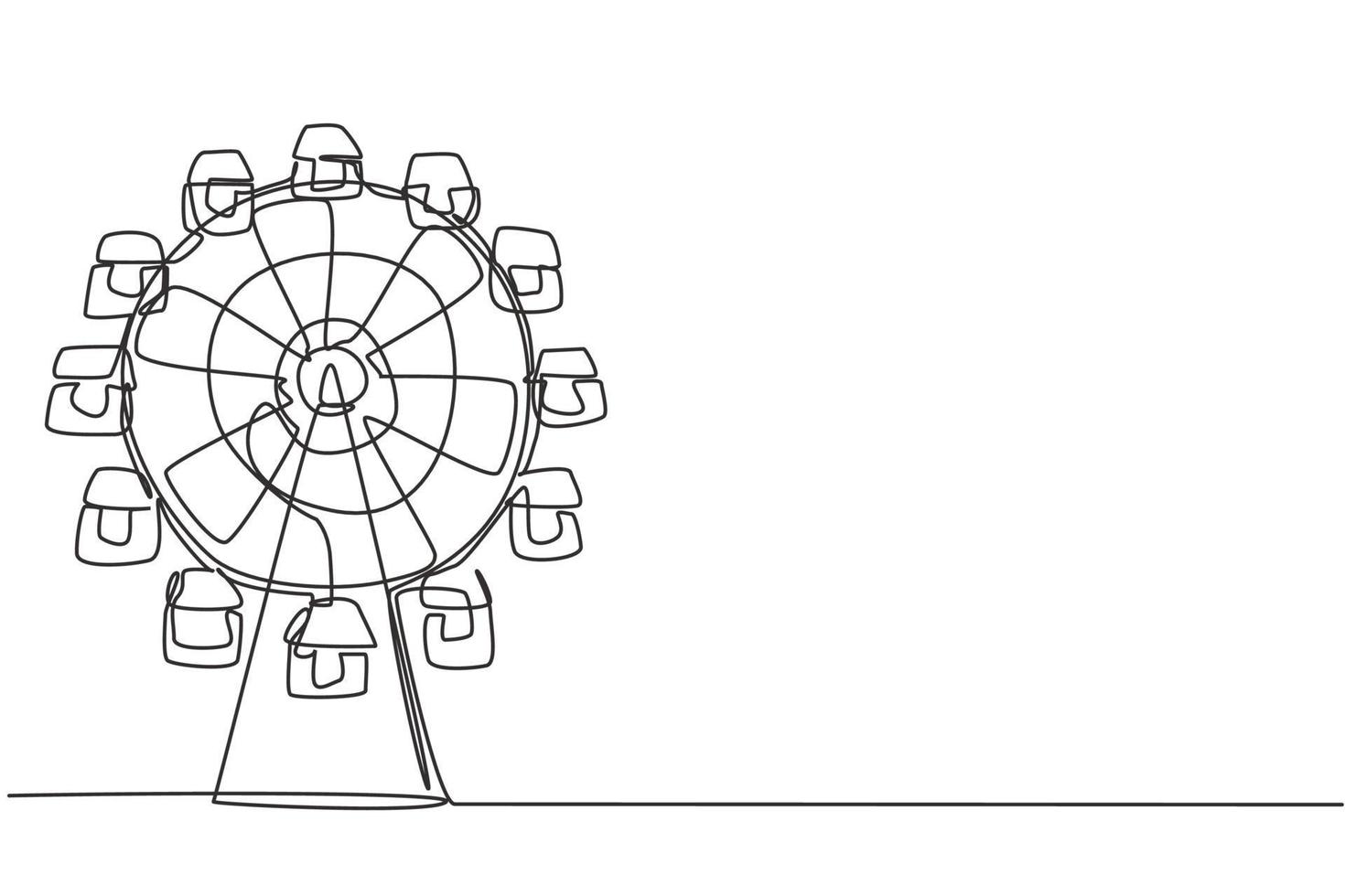 Single one line drawing of a ferirs wheel in an amusement park, a circular circle turning high in the sky. Festival play ride concept. Modern continuous line draw design graphic vector illustration