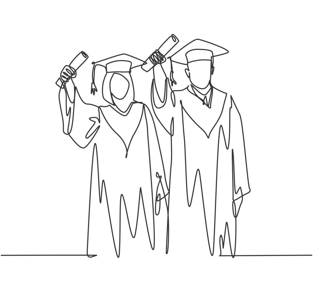 un dibujo de línea continua de una joven pareja feliz estudiante universitaria orgullosa de mostrar su carta de graduación para celebrar su graduación. Ilustración de vector de diseño de dibujo de línea única de concepto de educación