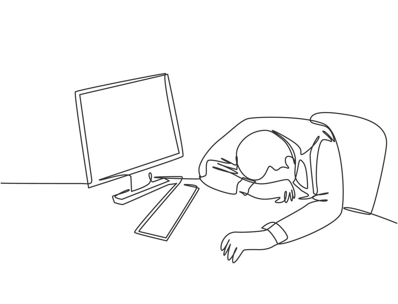 One single line drawing of young tired male employee sleeping on the work desk with computer. Work overload fatigue concept continuous line draw design vector illustration