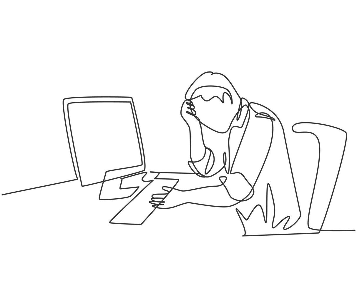 Single continuous line drawing of young tired businessman feel dizzy while he is working at office. Work fatigue after overload job concept. Trendy one line draw design graphic vector illustration