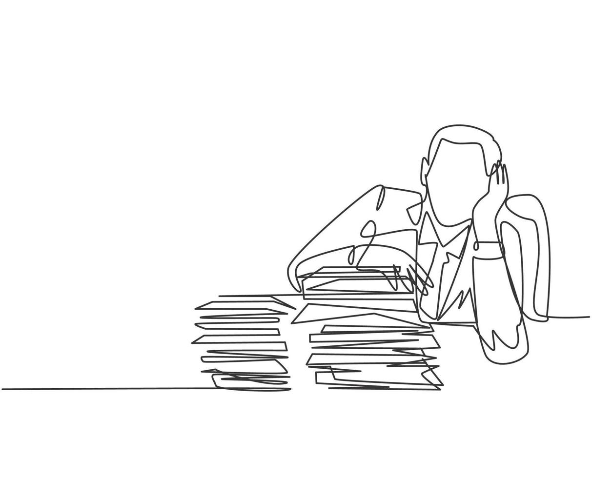 Single continuous line drawing of stressful finance manager facing pile of document papers on his desk office. Work overload project concept. Modern one line draw design graphic vector illustration