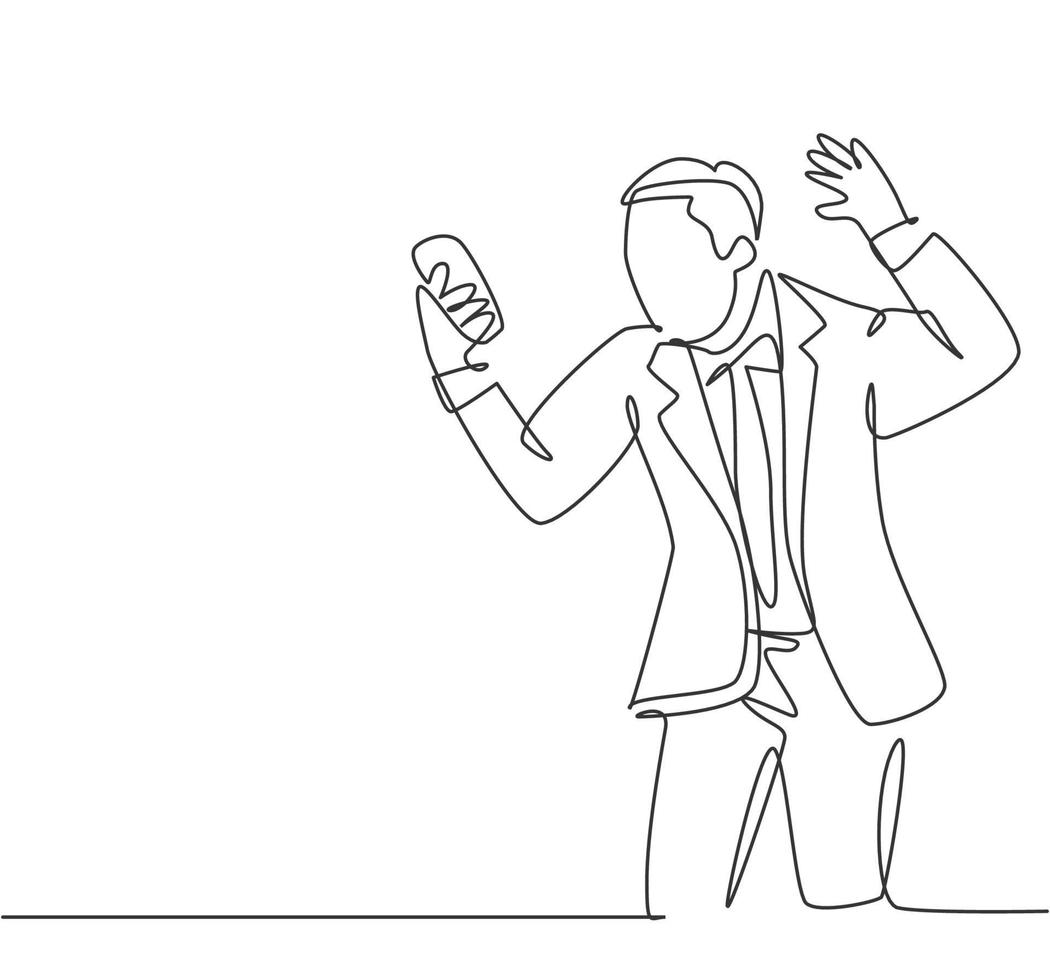One single line drawing of young angry businessman screaming his workers on phone call because of reckless work. Anger management at the office concept continuous line draw design vector illustration