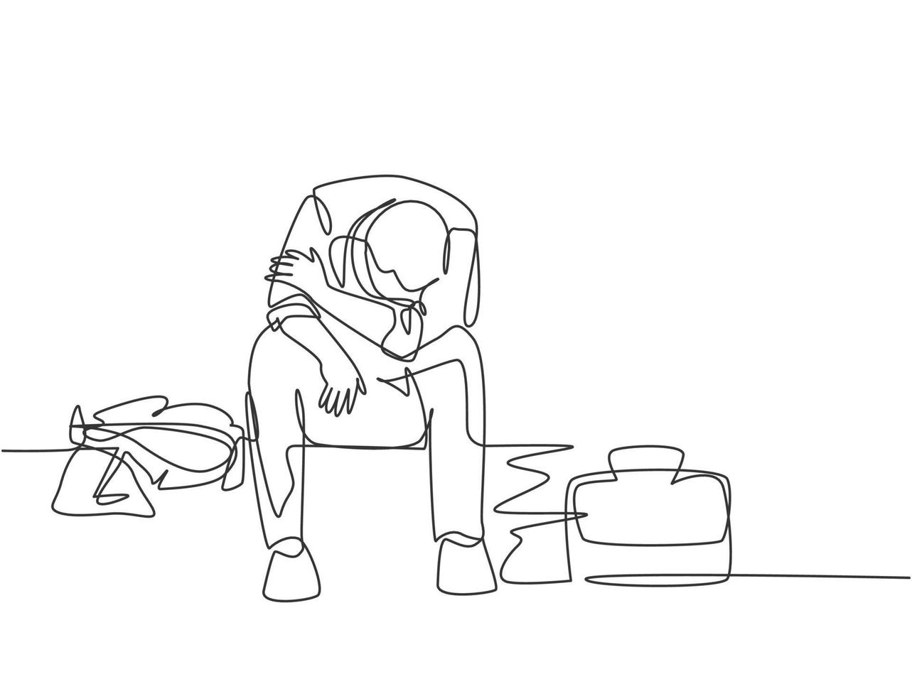 Single continuous line drawing of young depressed male manager bowed limply on chair after he got sacked from the work office. Job dismissal concept one line draw design graphic vector illustration