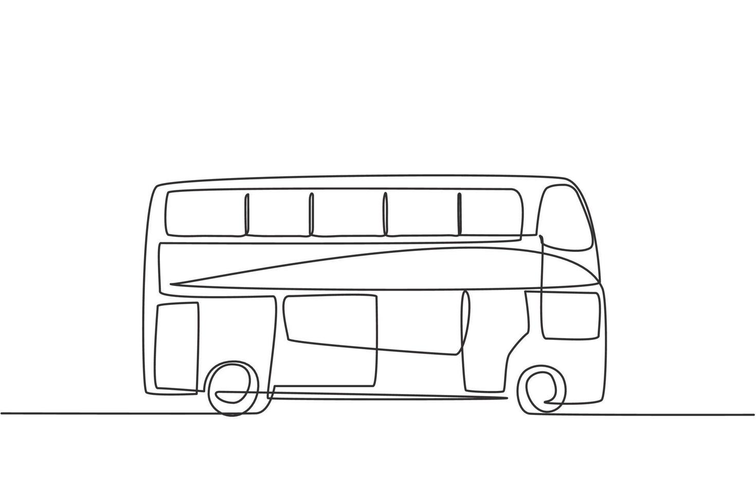 Single continuous line drawing double decker buses that are seen from the side, serve tourists to go around the city enjoying their holidays. Dynamic one line draw graphic design vector illustration.