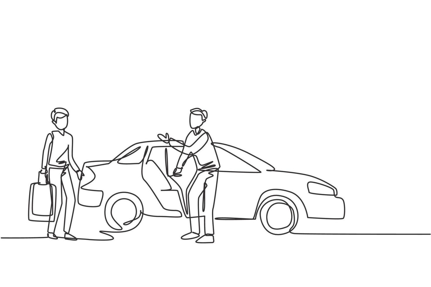 Single one line drawing of male taxi drivers are inviting prospective passengers to get inside and deliver them to their destination. Modern continuous line draw design graphic vector illustration.