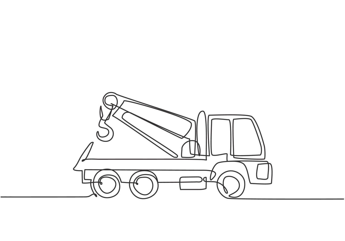 Single continuous line drawing the tow truck seen from the side is ready to help the driver whose car is damaged on the highway. Insurance facility. One line draw graphic design vector illustration.