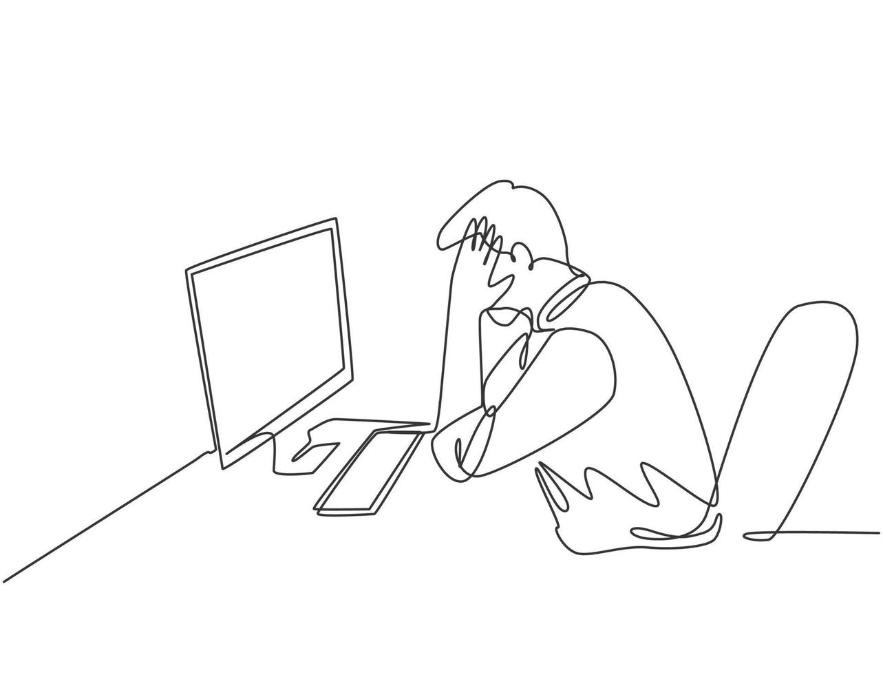 Single continuous line drawing of young tired company worker covering his face with hand after read financial annual report. Work fatigue at the office concept one line draw design vector illustration