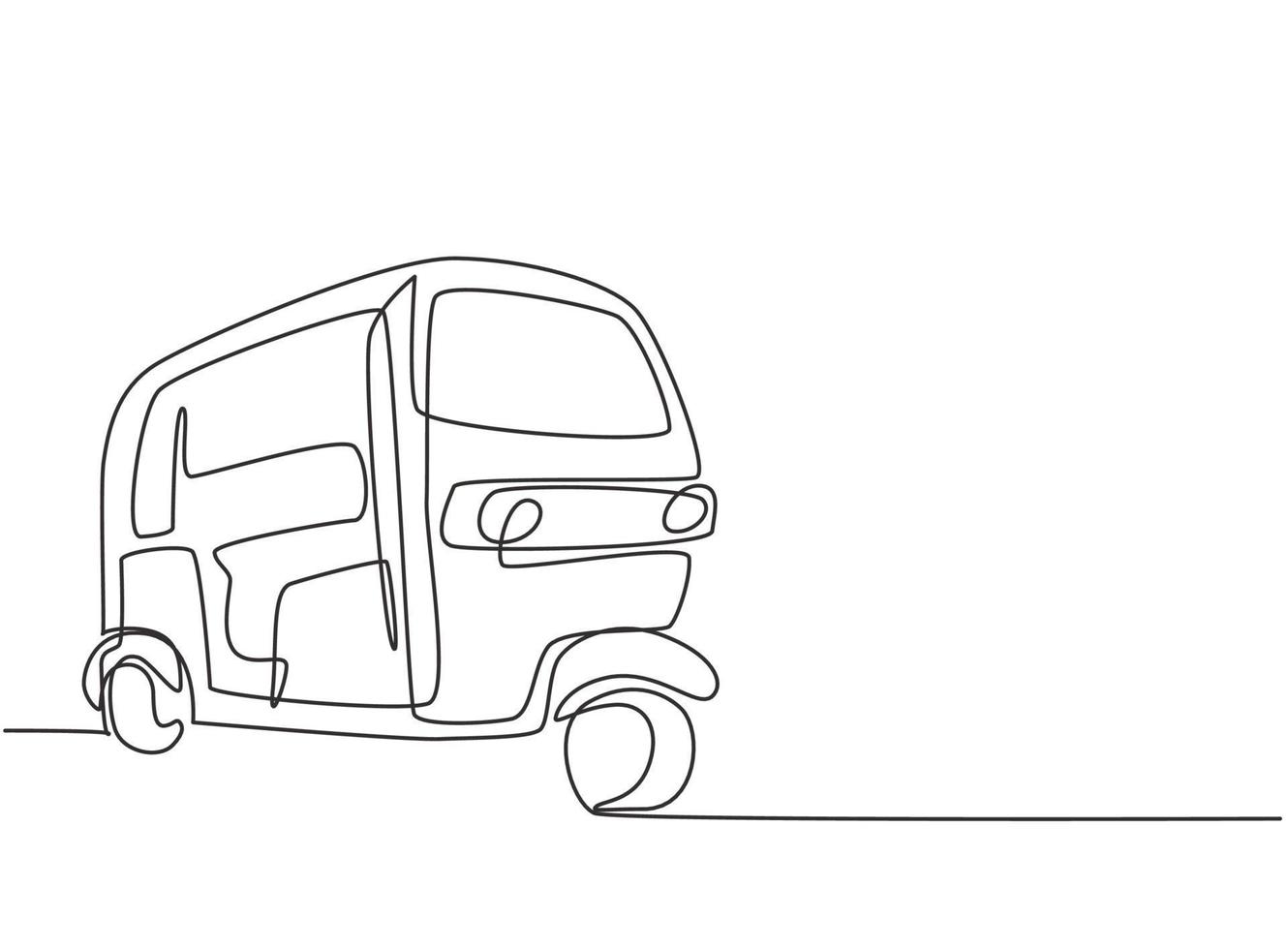 Rickshaw de dibujo de línea continua única transporte tradicional en la India que sirve a pasajeros locales y turistas extranjeros que están de vacaciones. Ilustración de vector de diseño gráfico de dibujo de una línea.