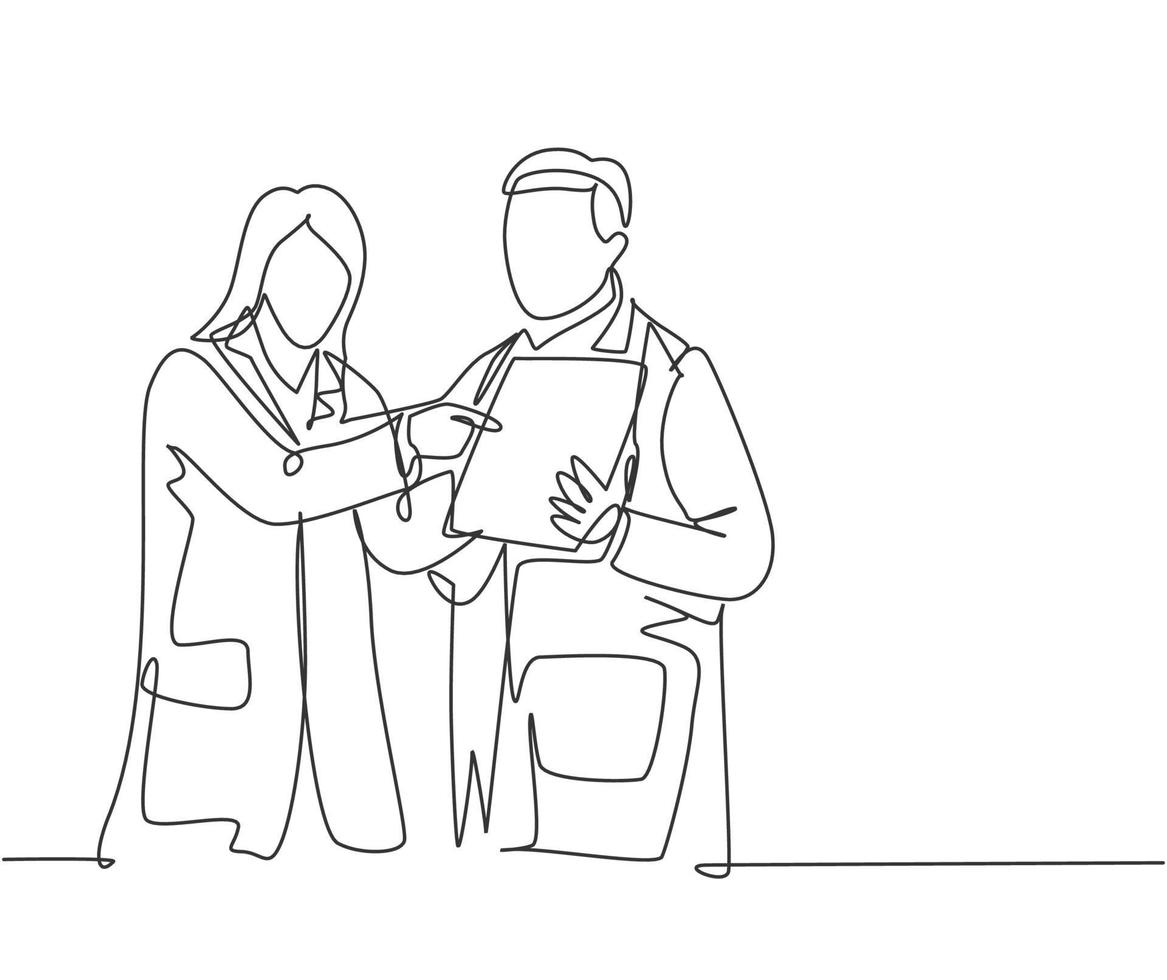 Single continuous line drawing of young male and female doctor discussing about health topic article on tablet. Medical healthcare service concept one line graphic draw design vector illustration