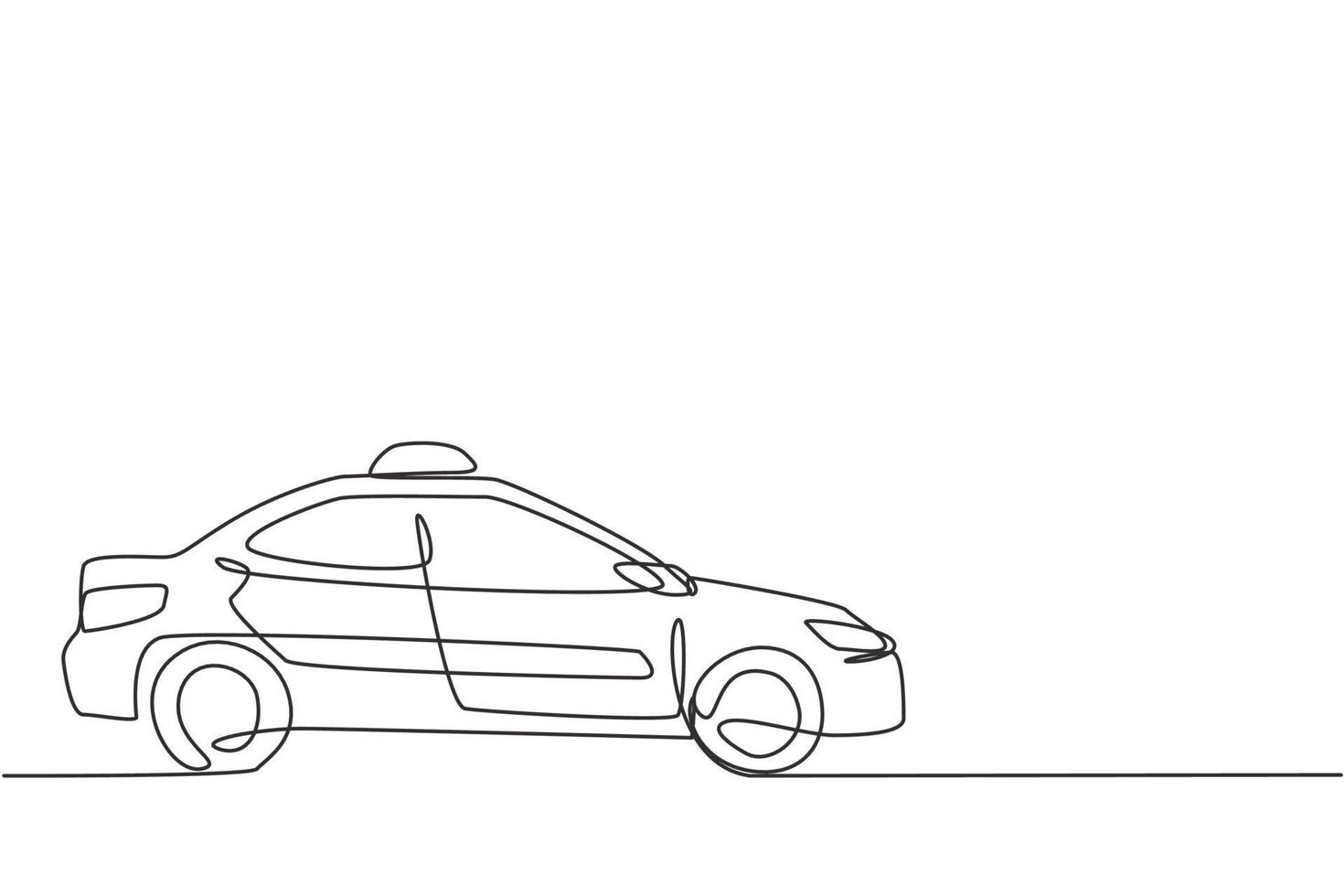 El dibujo de una sola línea del automóvil de taxi moderno más nuevo utiliza un medidor, gps y se puede pedir en línea. avances tecnológicos en el transporte. Ilustración de vector gráfico de diseño de dibujo de línea continua.