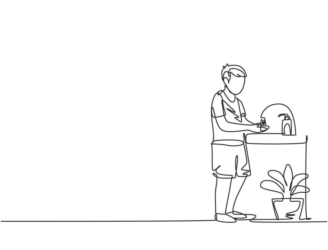 Continuous one line drawing a boy washes his hands in the sink, there is a soap dispenser by the faucet and there is a pot of plants under the sink. Single line draw design vector graphic illustration