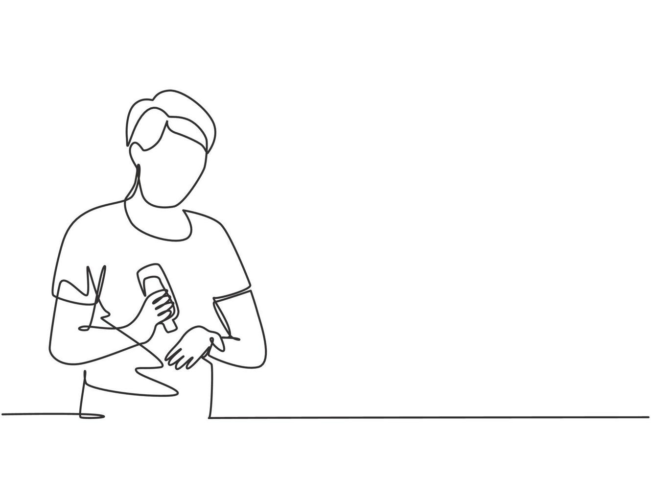 Single continuous line drawing man pours hand sanitizer into the palms of his hands to avoid germs and be more hygienic. Protection against covid-19. One line draw graphic design vector illustration.