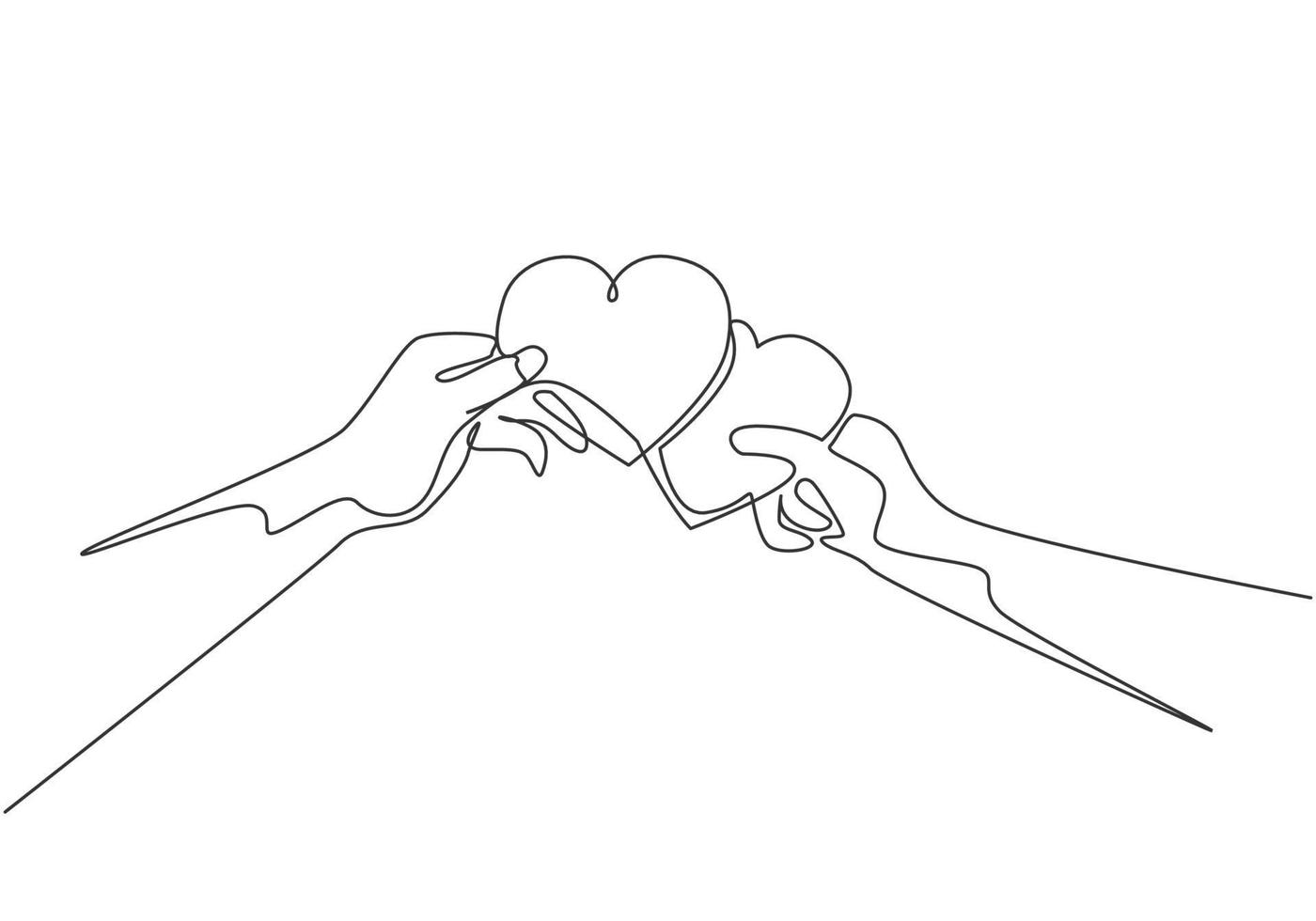 Single continuous line drawing of cute young happy man ad woman couple holding heart shaped paper and unite it together. Romantic love invitation card concept one line draw design vector illustration