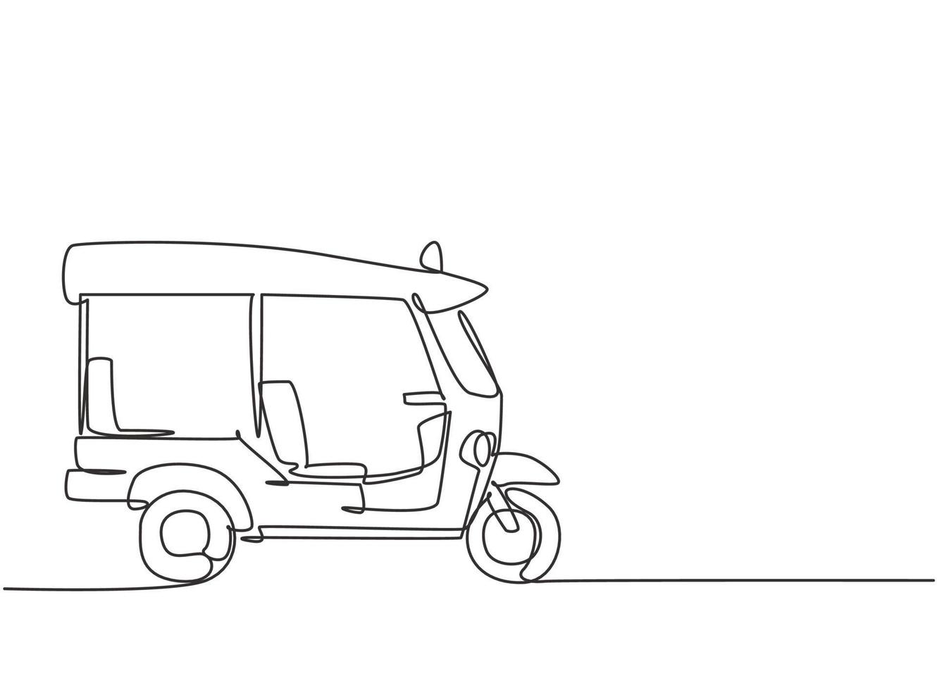 Single one line drawing of Thai tuk tuk seen from the side serving foreign passengers who are traveling in Thailand. Become a tourism icon. Continuous line draw design graphic vector illustration.