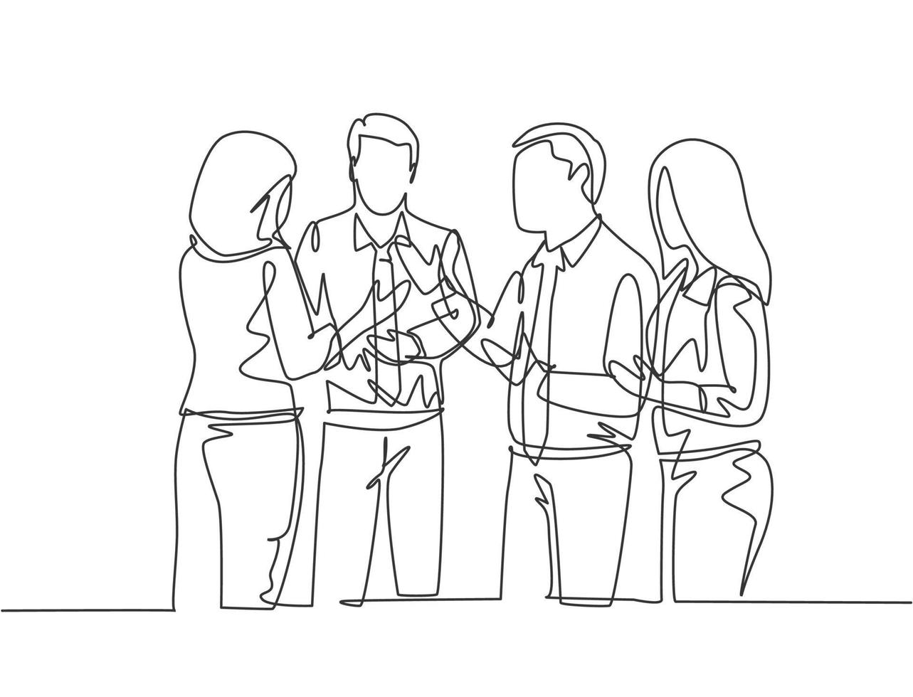 One single line drawing of project manager explain company business process to young male and female apprentices at office. Business internship concept continuous line draw design vector illustration