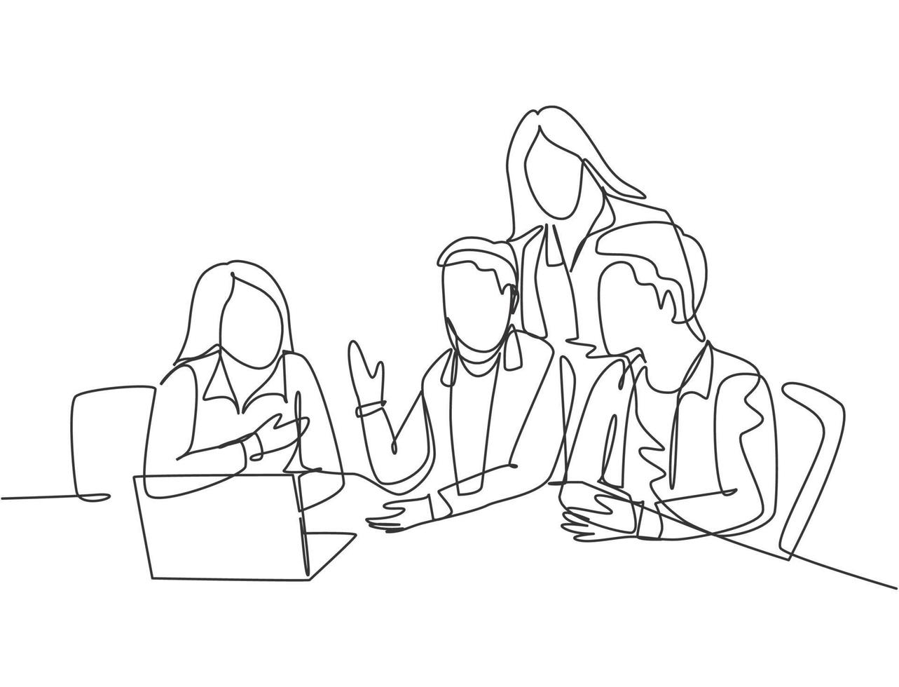 One single line drawing of young business men watching laptop screen during meeting with colleagues at office room. Brainstorming ideas concept. Continuous line draw design graphic vector illustration