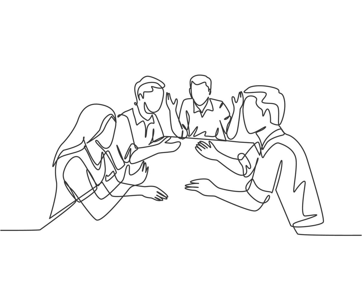 One single line drawing of male and female workers sitting at the meeting room together and discuss while wait for lunch time. Business concept continuous line draw design vector graphic illustration