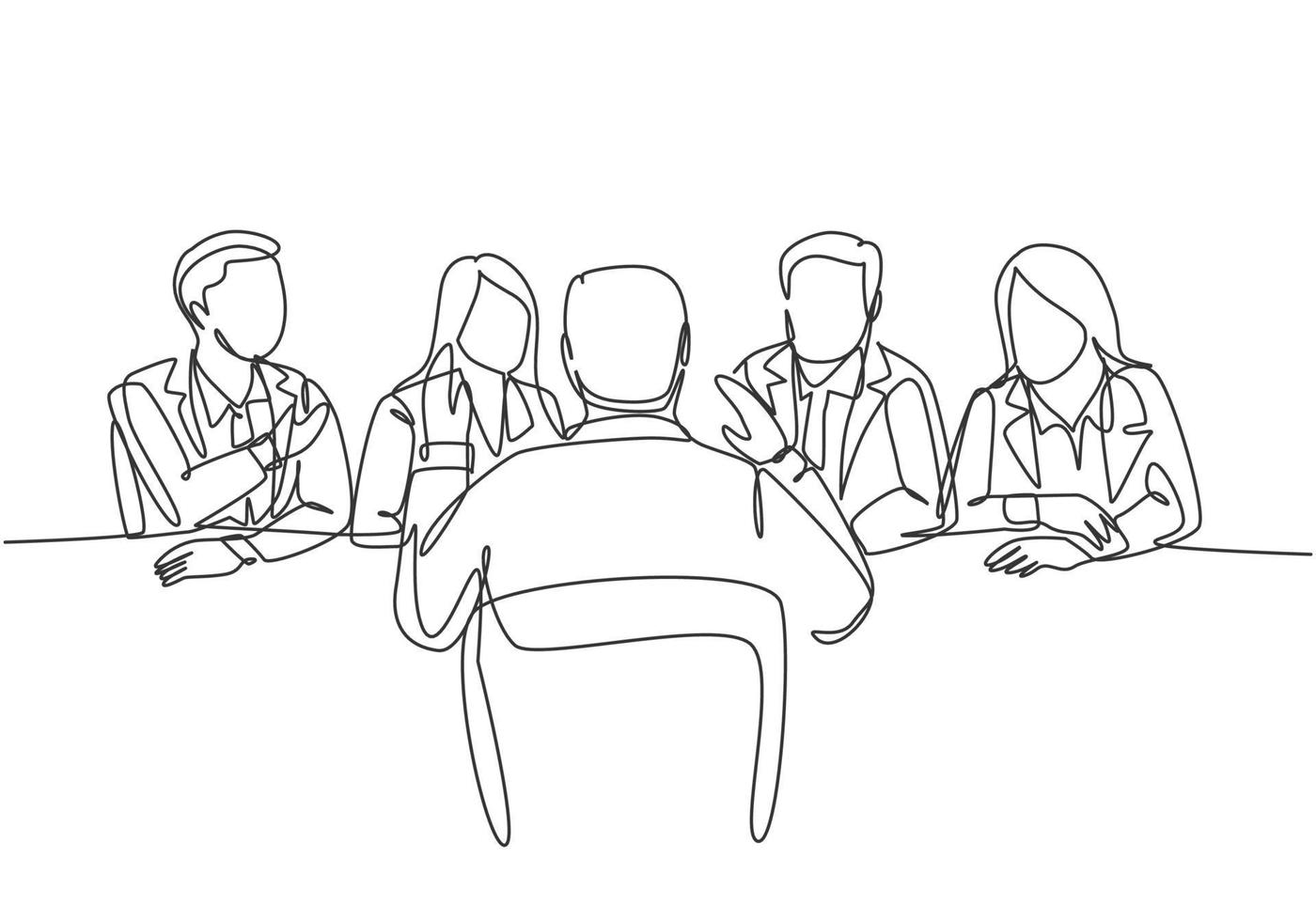 One single line drawing of young interviewee being interviewed by some