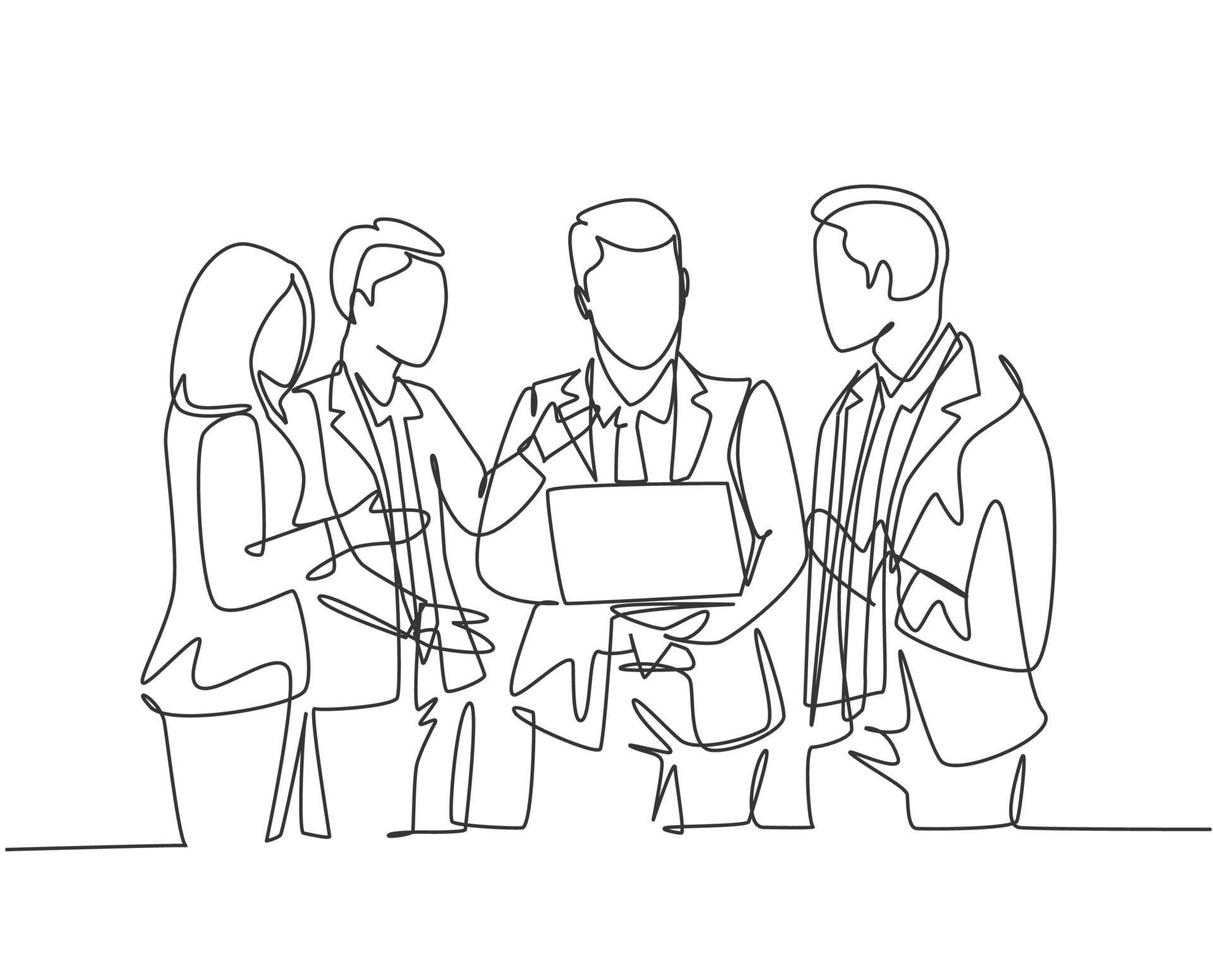 One continuous line drawing of young male manager persuade little chat with some workers while holding a laptop at office. Business presentation single line draw design graphic vector illustration