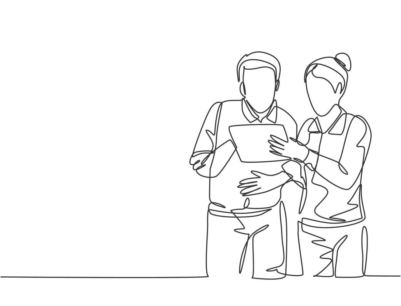 One single line drawing of two young male and female workers watching stock movements on tablet together at the office. Stockbroker concept continuous line draw design graphic vector illustration