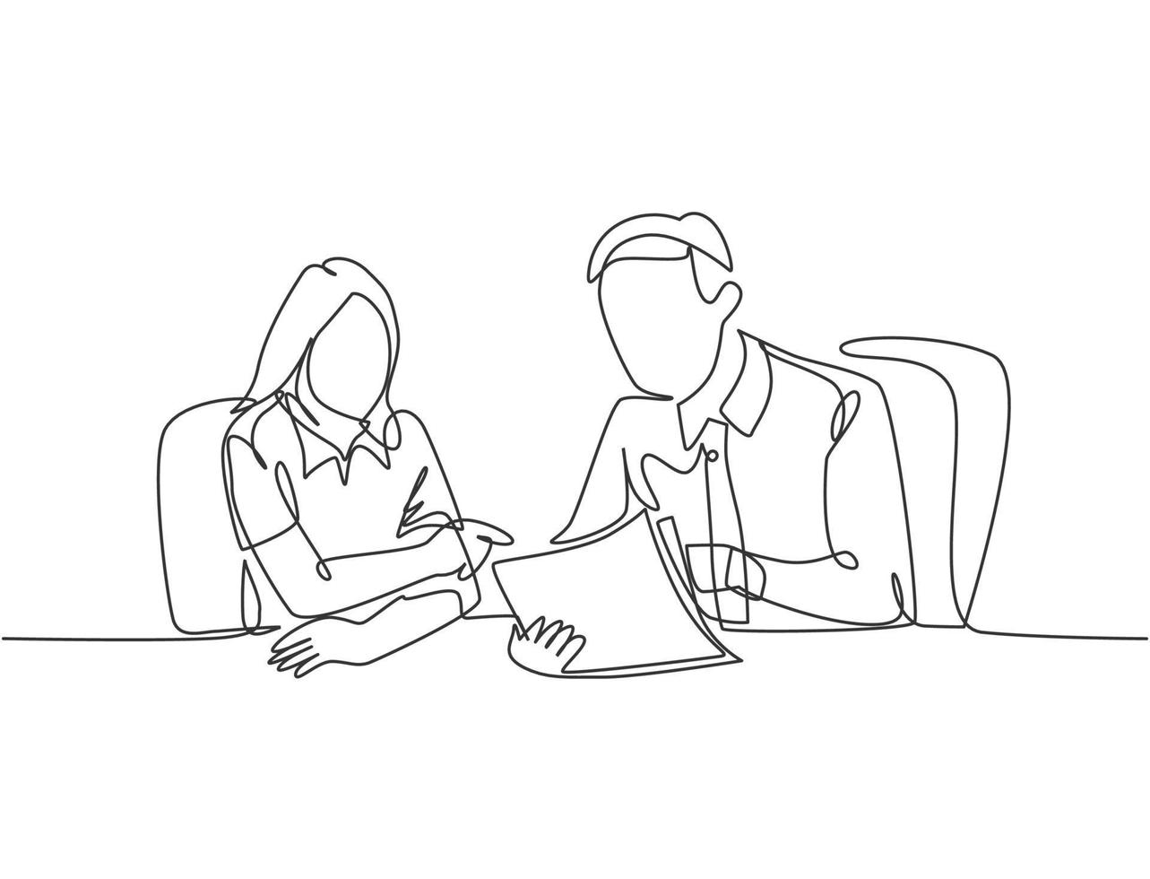 One single line drawing of two young male and female worker holding a paper and discussing about work together at the office. Job discussion concept continuous line draw design vector illustration