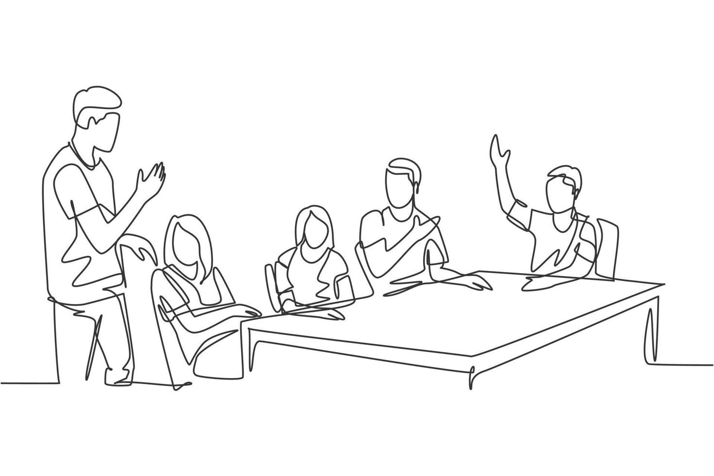 One single line drawing of young startup CEO lead the company gathering and meeting with his team member at the office. Business meeting concept continuous line draw design graphic vector illustration