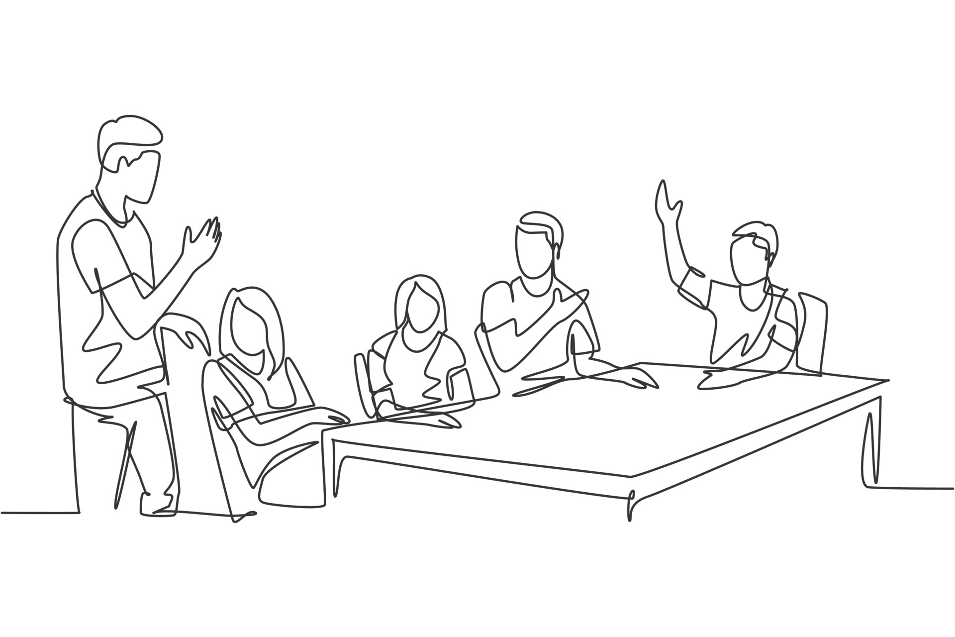 One single line drawing of young startup CEO lead the company gathering and  meeting with his team member at the office. Business meeting concept  continuous line draw design graphic vector illustration 3592476