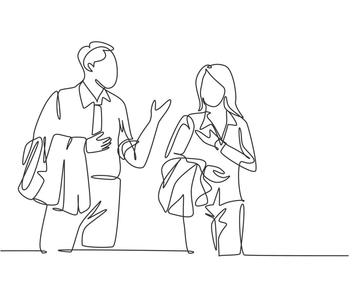 Single continuous line drawing of two young happy male and female workers get conversation together after office hour. Work small talk. Trendy concept one line draw design vector graphic illustration