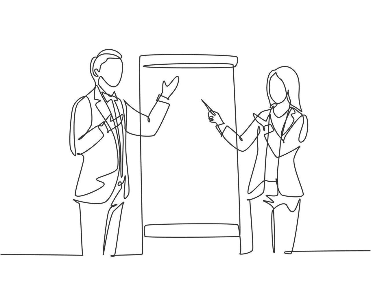 Single continuous line drawing of young happy male and female business coach speaking in front of the class. Coaching course and meeting concept one line draw design graphic vector illustration