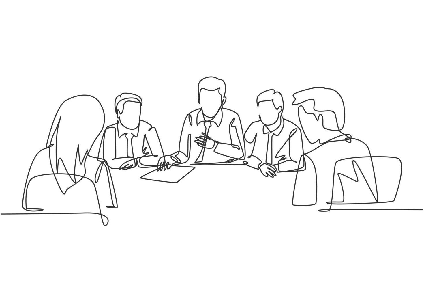 One continuous line drawing of senior manager giving instruction to raise product sales to the marketing team members in the meeting. Business briefing concept single line draw design illustration vector