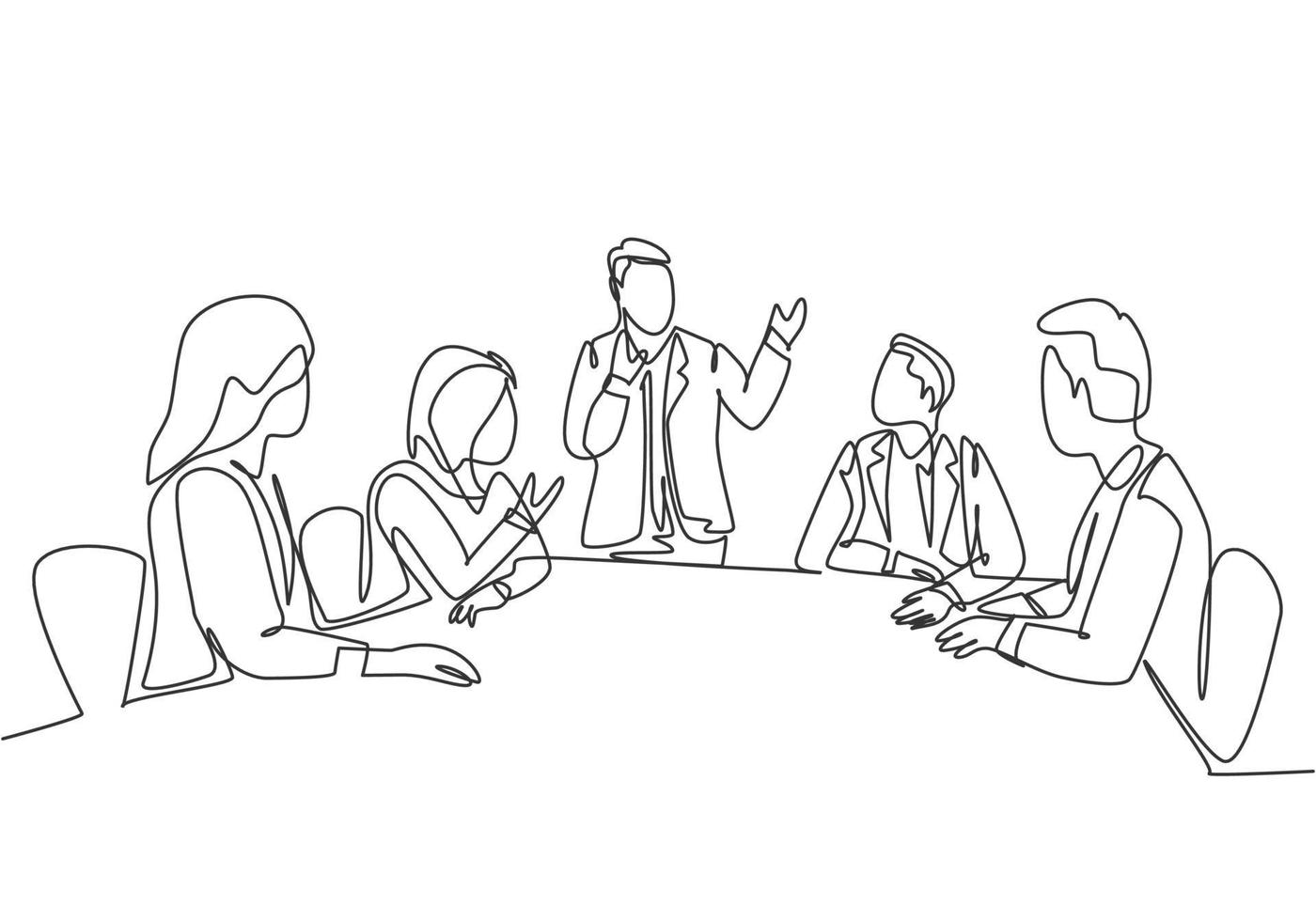 Continuous one line drawing business team discussing about management  project with laptop in office. Communication and Project management  concept. Single line draw design vector graphic illustration. 8969120  Vector Art at Vecteezy