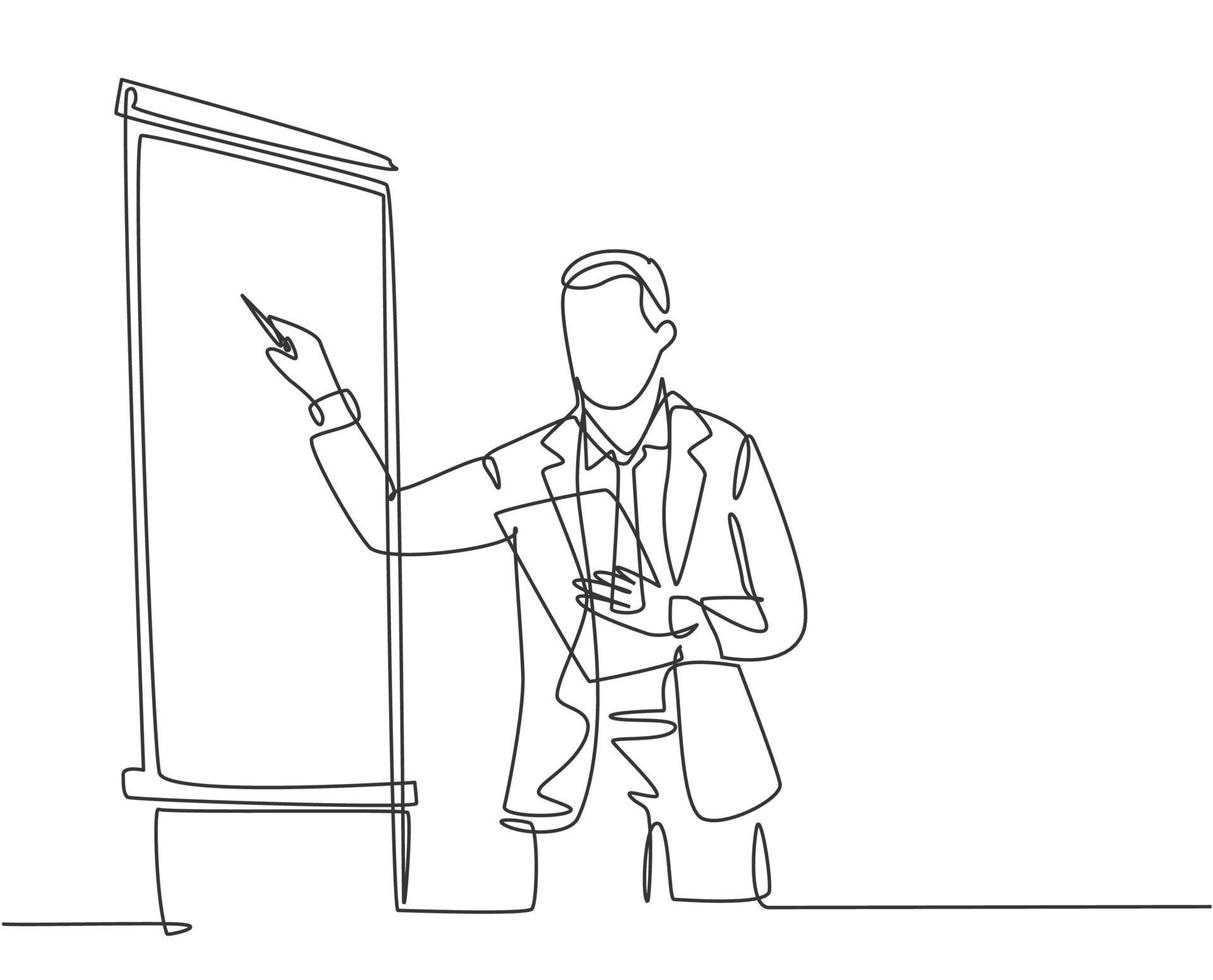 One continuous line drawing of businessman presenter drawing graph chart on screen board while on meeting. Business presentation at the office concept single line draw design vector illustration