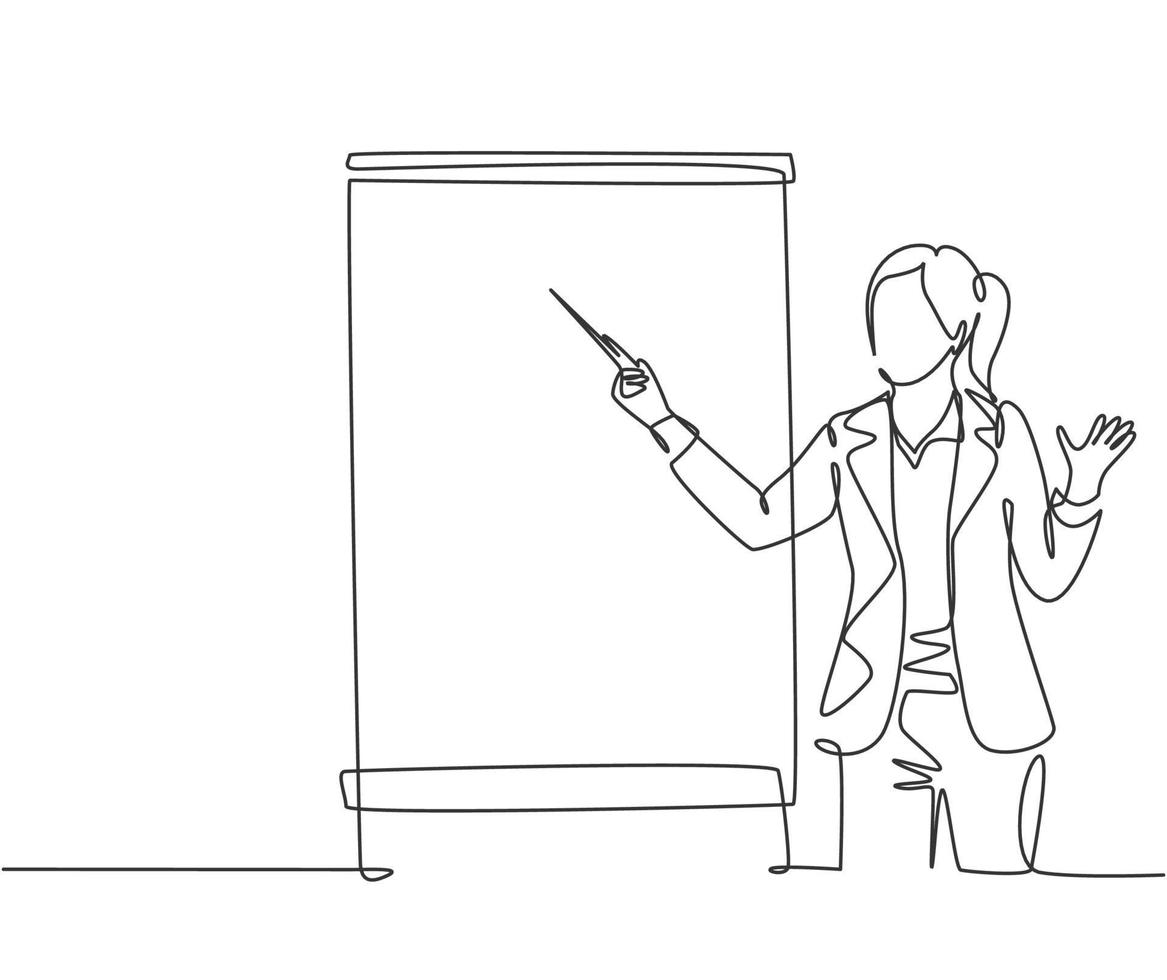 One single line drawing of young female presenter pointing the finger to screen with marker. Business presentation at the office concept. Trendy continuous line draw design graphic vector illustration