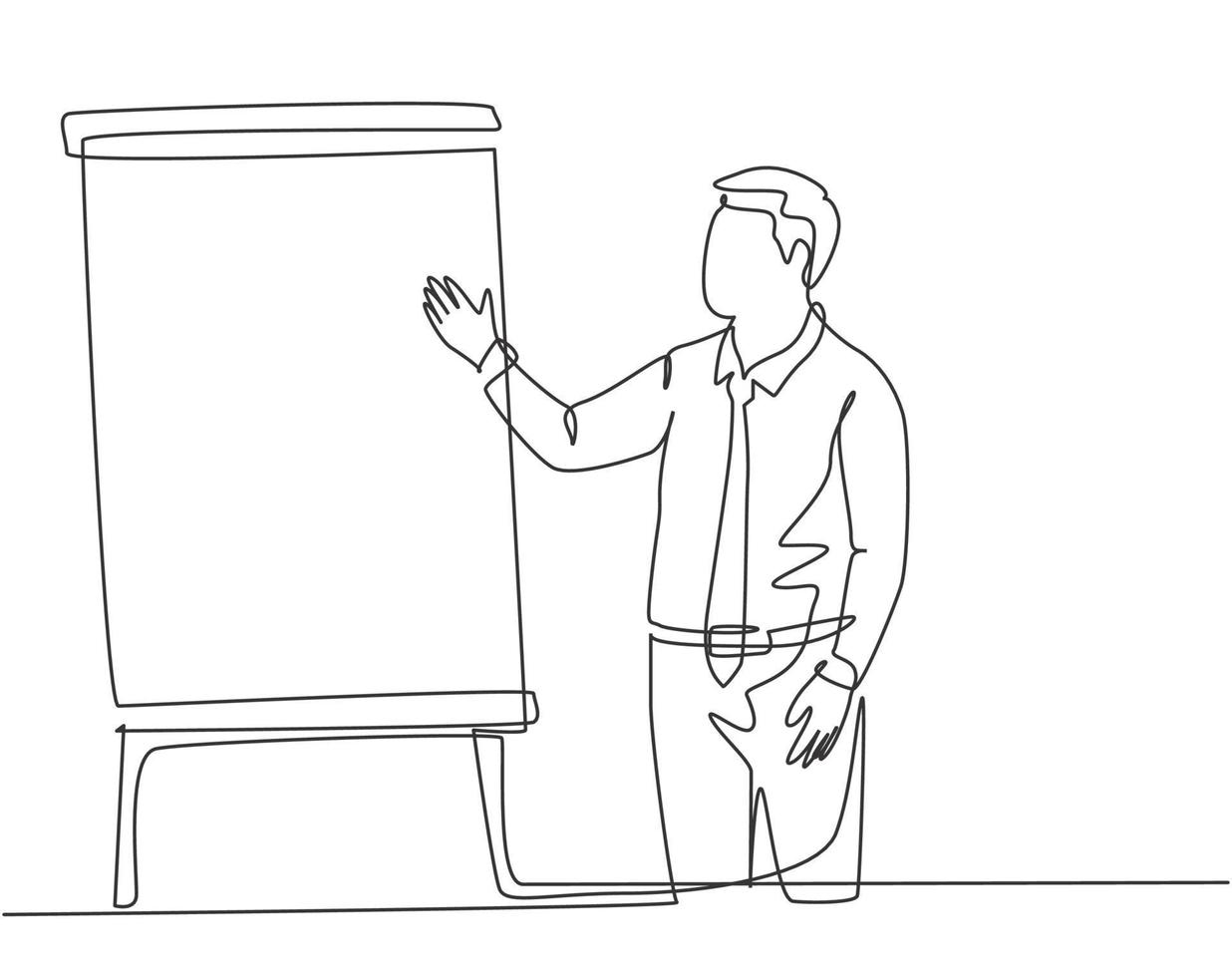 One continuous line drawing of young presenter delivering increasing product sales report to finance manager. Business presentation at the office concept single line draw design vector illustration