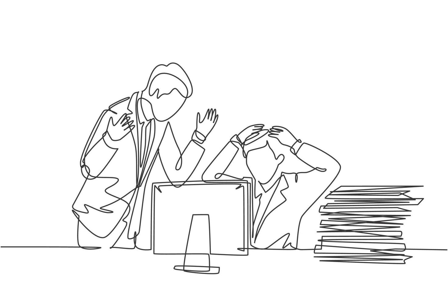 Single continuous line drawing of young furious manager blaming his frustrated staff about lack job performance. Work pressure at the office concept one line draw design vector graphic illustration