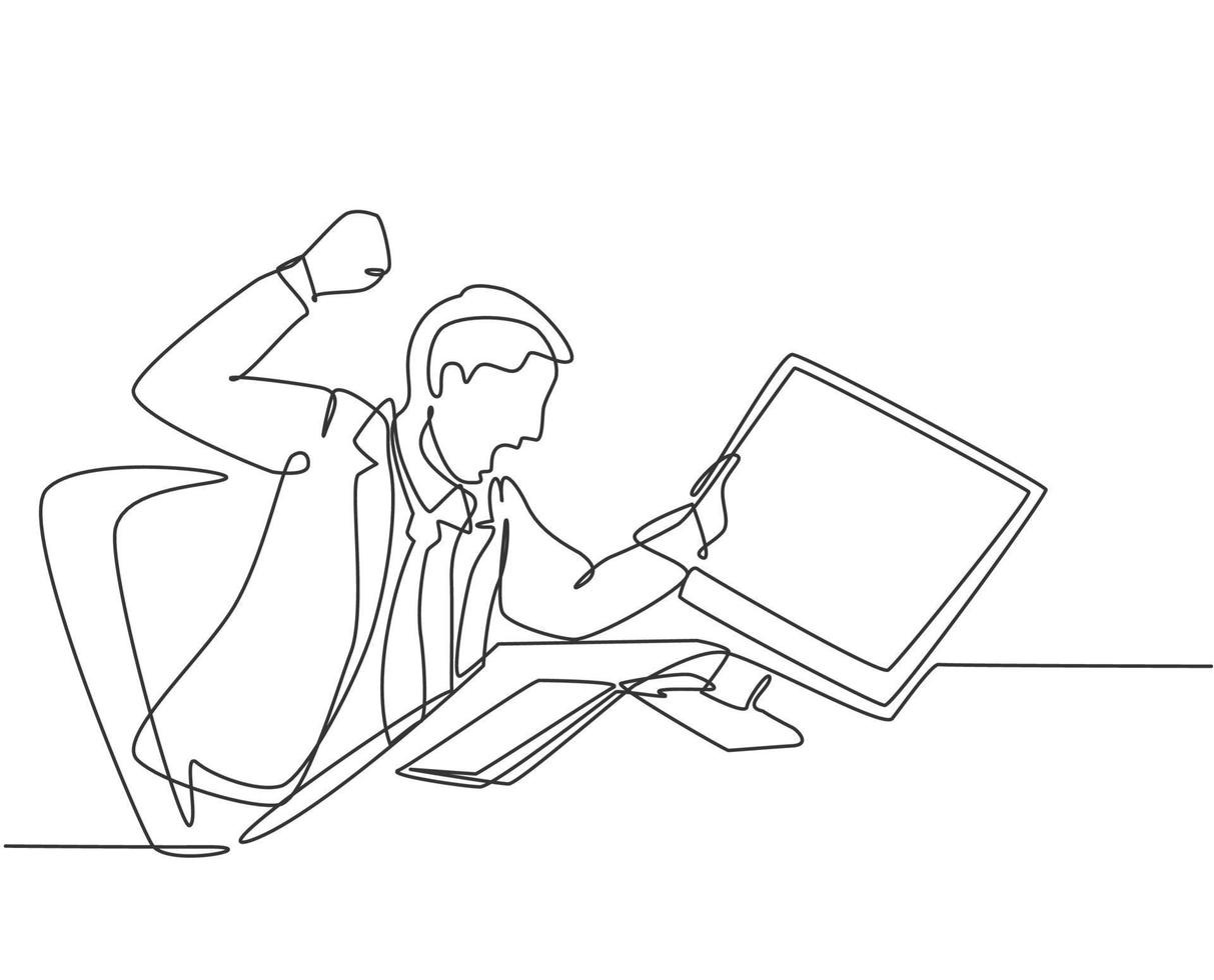 Single continuous line drawing of young frustrated employee ready to punch monitor computer using his fist hand. Work pressure at the office concept one line draw graphic design vector illustration