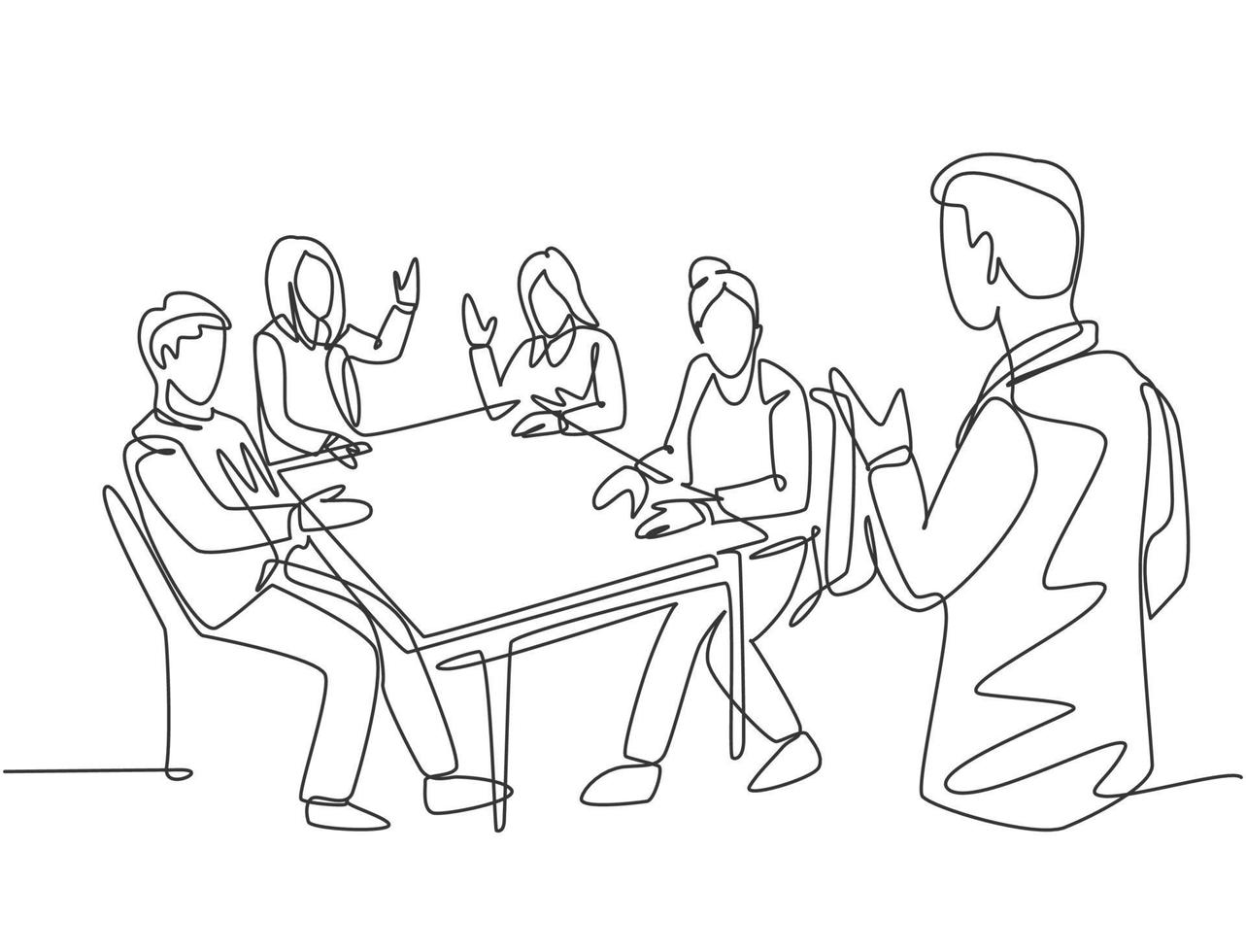 One single line drawing of young happy manager leading presentation of company annual report at the office. Business meeting concept. Trendy continuous line draw graphic design vector illustration