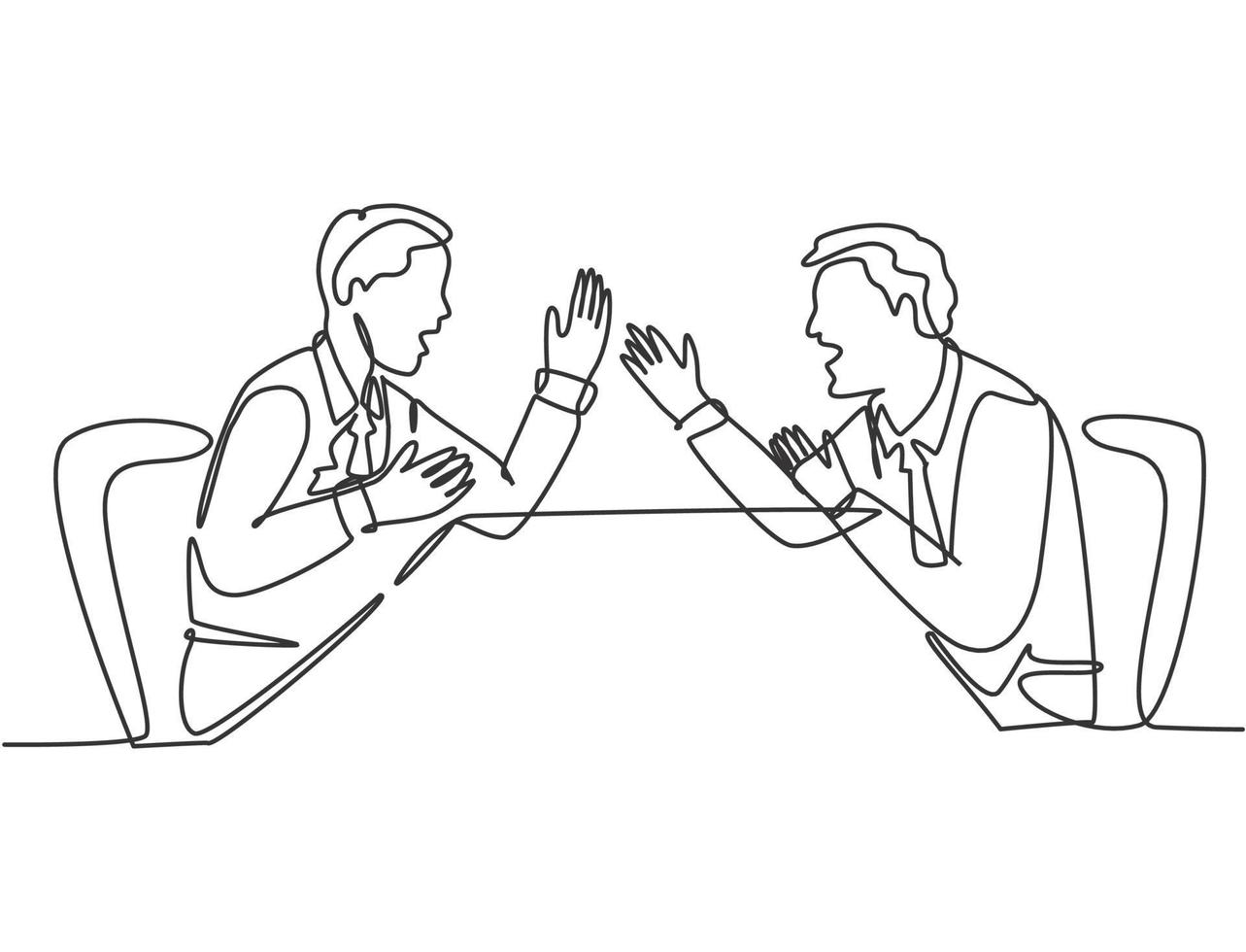One single line drawing of young angry businessman screaming to his shouting business partner then they blaming each others. Business problem concept continuous line draw design vector illustration